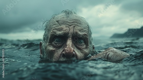 old man with Despair: Hollow gaze, trembling hands, drowning in a sea of hopelessness