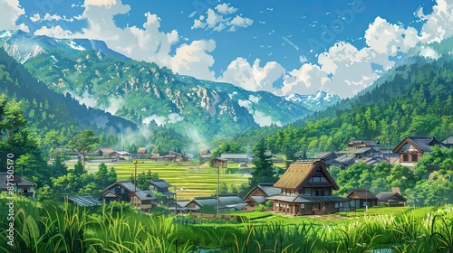 Anime style landscape of a serene mountain village