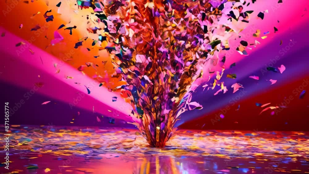 burst of colorful confetti against a vibrant pink and purple background. Celebration Confetti Particles