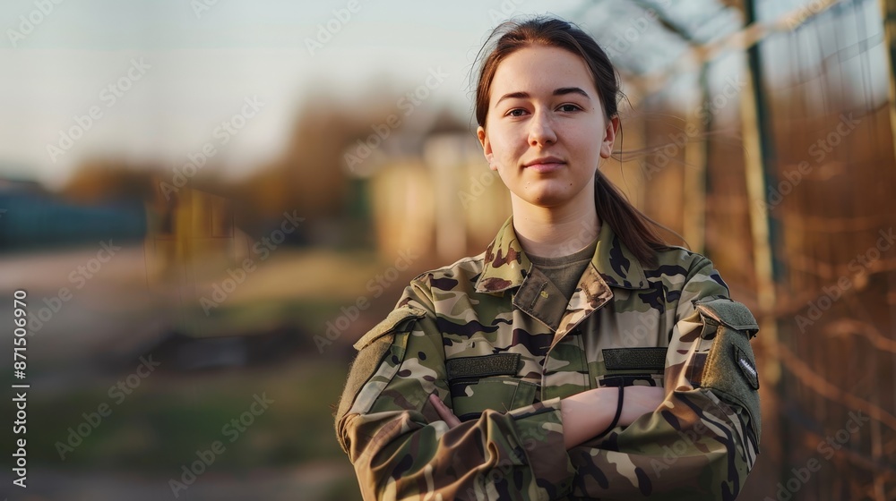 A woman wearing a soldiers uniform poses straight face A woman wearing a soldiers uniform poses straight face