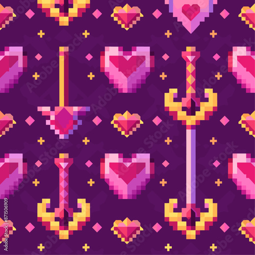 A Repeating Pixel Design Featuring Pixelated Hearts Pierced by Swords