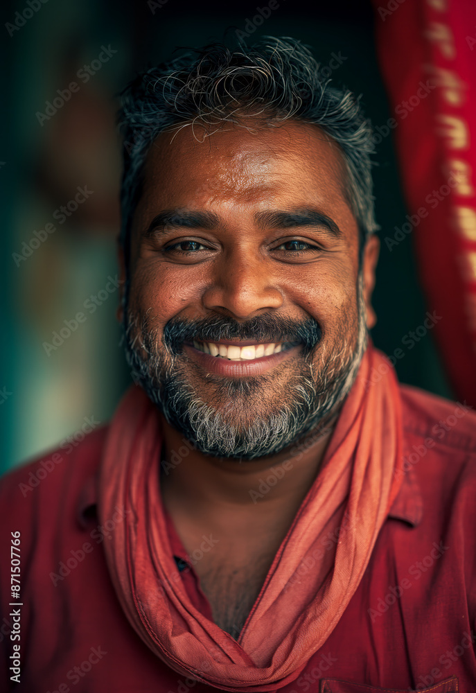 Street photography style portrait of a smiling Indian man in a colorful high-collar shirt, captured outdoors at eye level, looking directly at the camera Street photography style portrait of a smiling Indian man in a colorful high-collar shirt, captured outdoors at eye level, looking directly at the camera