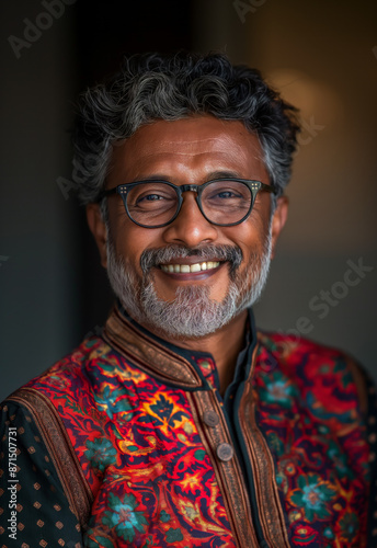 Street photography style portrait of a smiling Indian man in a colorful high-collar shirt, captured outdoors at eye level, looking directly at the camera © PrabhjitSingh