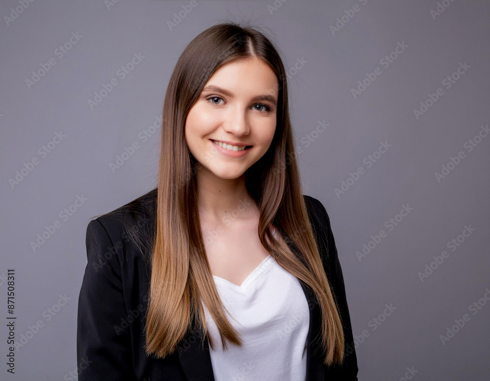 Beautiful young business woman portrait smiling cute girl with long hair on grey background Beautiful young business woman portrait smiling cute girl with long hair on grey background