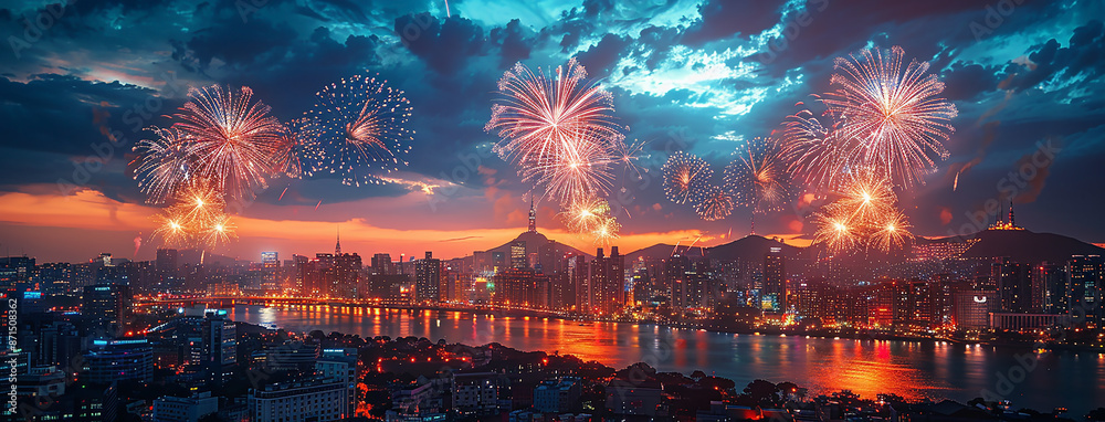 wide horizontal event banner with celebrating, beautiful fireworks on the evening sky of a city wide horizontal event banner with celebrating, beautiful fireworks on the evening sky of a city
