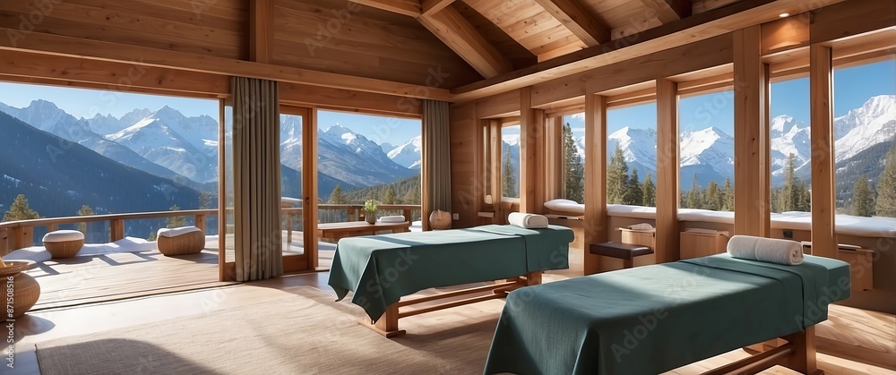 A luxury spa room with massage tables and panoramic mountain views, offering a serene escape for relaxation and wellness therapy A luxury spa room with massage tables and panoramic mountain views, offering a serene escape for relaxation and wellness therapy