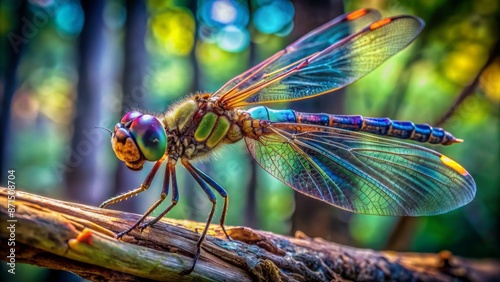 Vibrant dragonfly with delicate wings and iridescent body perched on weathered tree branch against blurred green forest background.