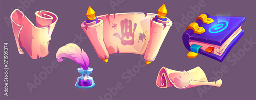 Parchment scrolls and ancient spell book set isolated on background. Contemporary vector cartoon illustration of ancient papyrus sheets with mysterious symbols, ink and feather on glass bottle