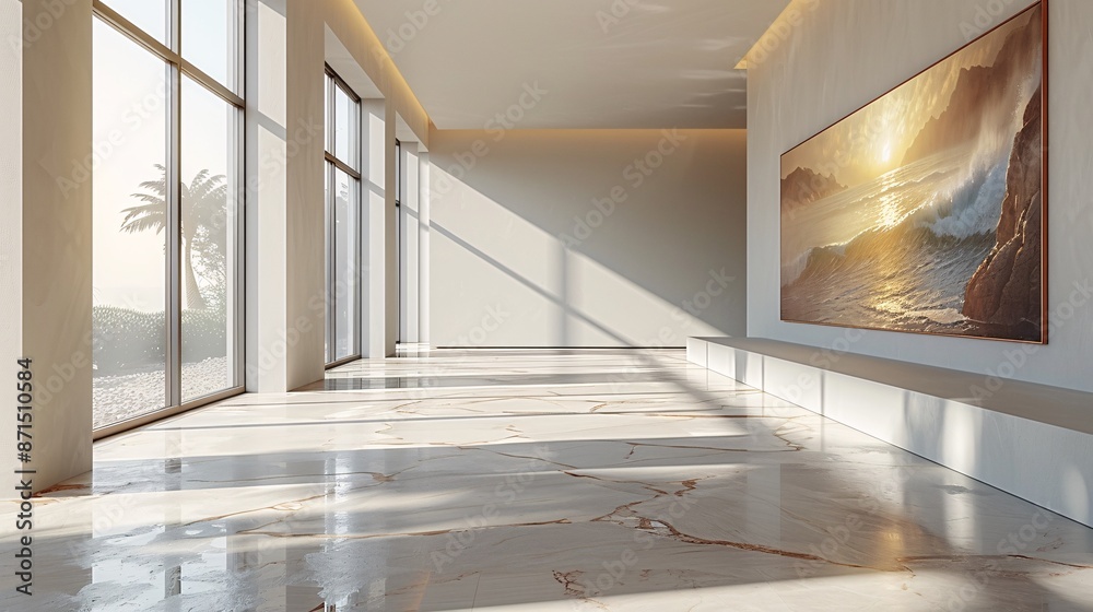 Obraz premium Bright, empty hallway in a modern apartment building with light streaming through a window at the end