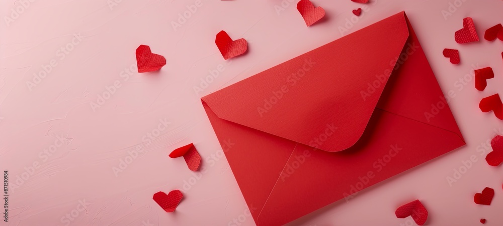 Red paper envelope. and hearts for Valentine's Day on a pink background. Flat lay, top view. Romantic love letter. Red paper envelope. and hearts for Valentine's Day on a pink background. Flat lay, top view. Romantic love letter.