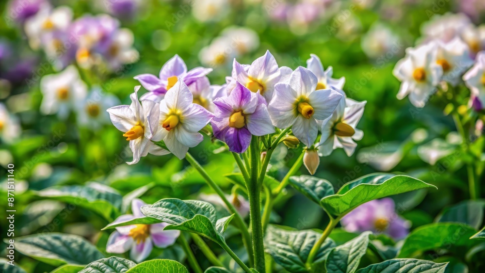 Vibrant, delicate white and purple potato flowers bloom amidst lush green foliage, signaling new tubers forming underground in late spring season. Vibrant, delicate white and purple potato flowers bloom amidst lush green foliage, signaling new tubers forming underground in late spring season.