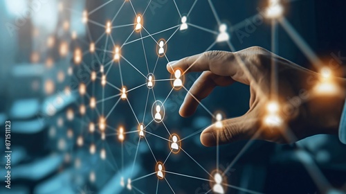Businessman is touching a network of people icons, representing the concept of global business connections
