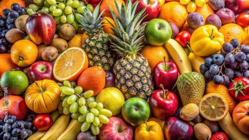 Colorful assorted fresh fruits such as apples bananas grapes oranges lemons and pineapple piled high in a messy heap arrangement.