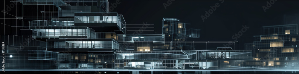 Fototapeta premium Futuristic AI Office Building with Wireframe Extensions on Blueprint, Dark Background