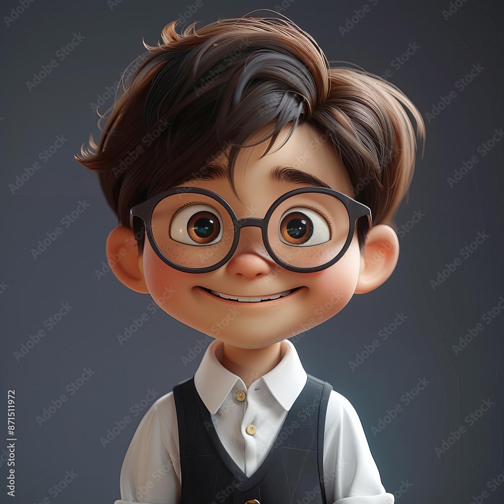 A cute little boy with glasses, smiling and looking at the camera, white shirt vest school uniform, dark brown hair A cute little boy with glasses, smiling and looking at the camera, white shirt vest school uniform, dark brown hair