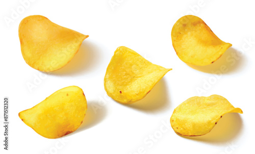 Potato chip lying with shadow. Realistic 3d vector illustration set of crisp fried or baked snack. yellow wavy crunchy salty slice. Unhealthy fast food. isolated junk appetizer dish with spice.