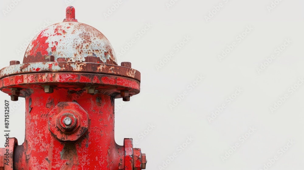 Bright red fire hydrant on white background with industrial design and space for text Bright red fire hydrant on white background with industrial design and space for text