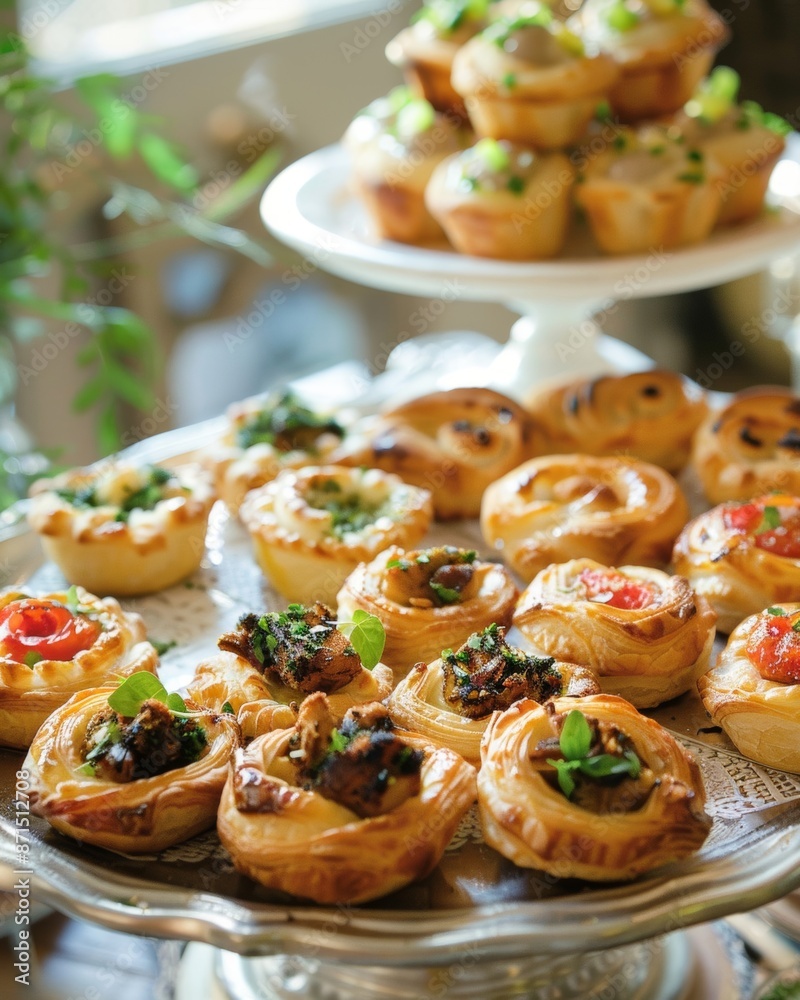 Assorted puff pastry hors d'oeuvres displayed elegantly at a festive party event Assorted puff pastry hors d'oeuvres displayed elegantly at a festive party event