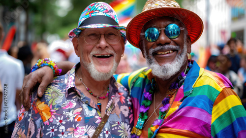 An elderly gay couple - a black man and a white man in bright clothes. Two old stylish fashionable gray bearded men are smiling and posing for a photo. LGBT © chekart