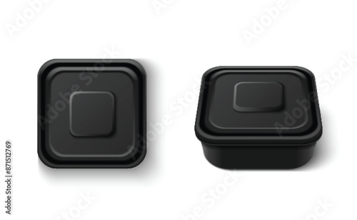 Black square plastic container with cap for food storage. Realistic 3d vector illustration set of top and side view box mockup for product keeping and take away concept. Package for lunch meal.