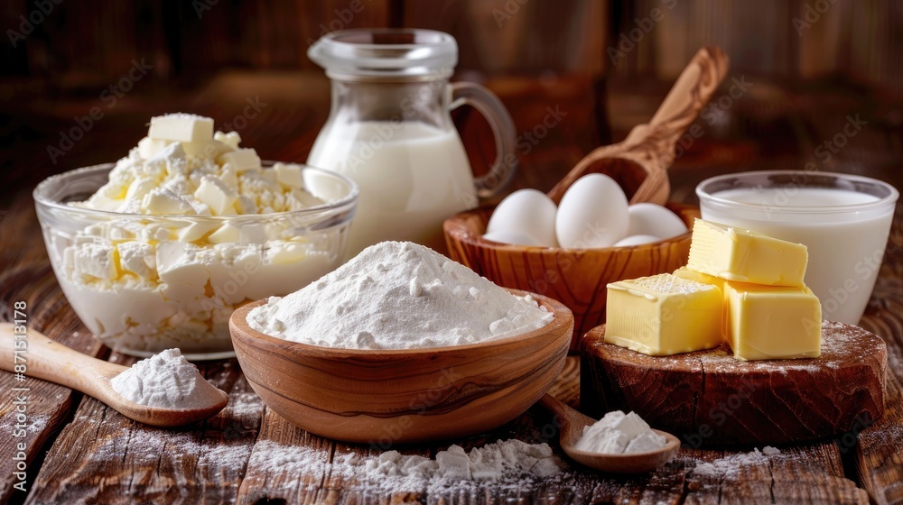 Baking supplies and ingredients with milk and butter on a wooden table Baking supplies and ingredients with milk and butter on a wooden table