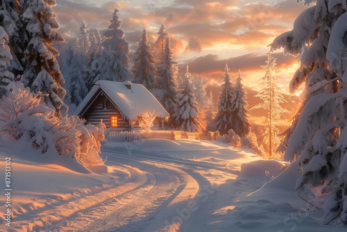 A snow covered forest with a single, glowing cabin in the distance, bathed in soft, warm light from the setting sun
