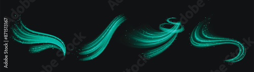 Turquoise air flows set isolated on black background. Vector realistic illustration of green neon light vortex effect with shimmering particles, cold wind waves, cool breeze blow, swirl motion trails