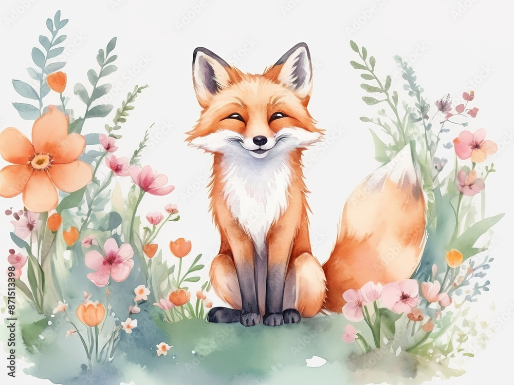 Fototapeta premium Cartoon cute fox of happiness with flowers. clip art Vector illustration, isolated white background.