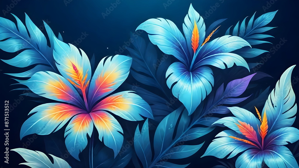 Neon Blue Tropical Flowers Illustration with Dark Blue Background. Tropical flower wallpaper design.