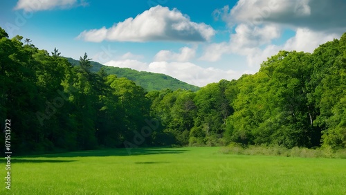 Serene Nature Background with Lush Green Forests and Clear Blue Sky