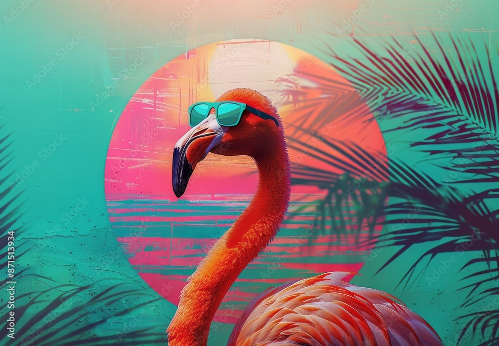 Fototapeta premium Flamingo summer empty banner with copyspace. Tropical paradise pink bird. Vacation decoration with copy space template. Abstract jungle poster background