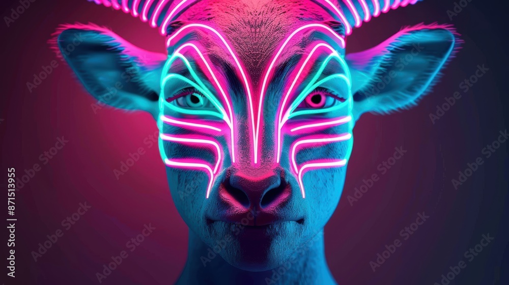Naklejka premium An artistic interpretation of a neon portrait, where a fantastical animal is depicted in glowing neon colors, blending elements of imagination and modern design.