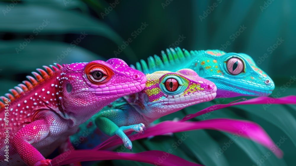 Artistic representations of neon reptiles and amphibians, each photograph emphasizing the vibrant neon colors that accentuate their natural patterns and textures. Artistic representations of neon reptiles and amphibians, each photograph emphasizing the vibrant neon colors that accentuate their natural patterns and textures.