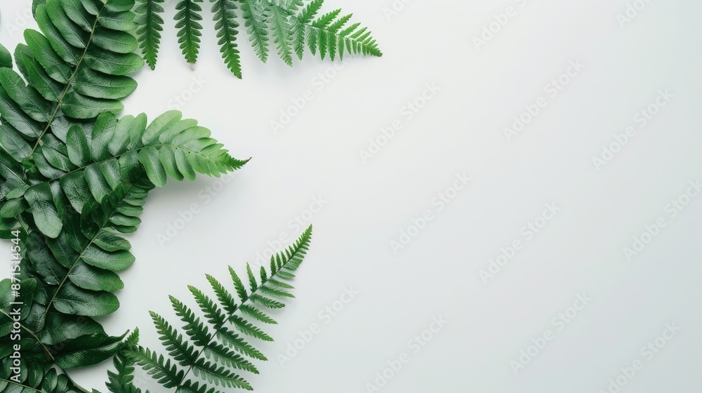 Fern branch and plant on white desk from top view as background Fern branch and plant on white desk from top view as background