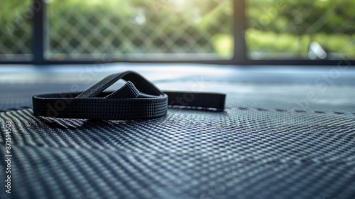 Second degree Brazilian Jiu Jitsu black belt on martial arts gym mats with copy space