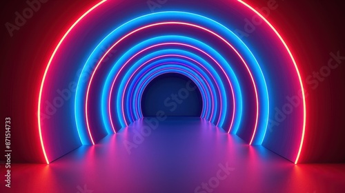 Fototapeta Naklejka Na Ścianę i Meble -  Vibrant 3D render with neon lights in an empty illuminated corridor.