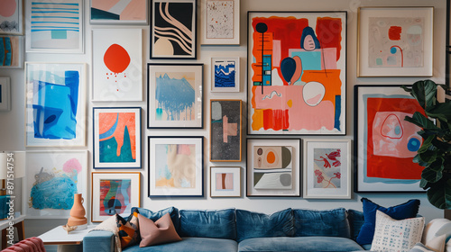 A gallery wall filled with an array of eclectic frames, each showcasing a unique abstract art piece.