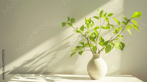 Wallpaper Mural Fresh green branch in white vase on white table in sunlight Elegant interior decor for workplace bathroom or kitchen Torontodigital.ca