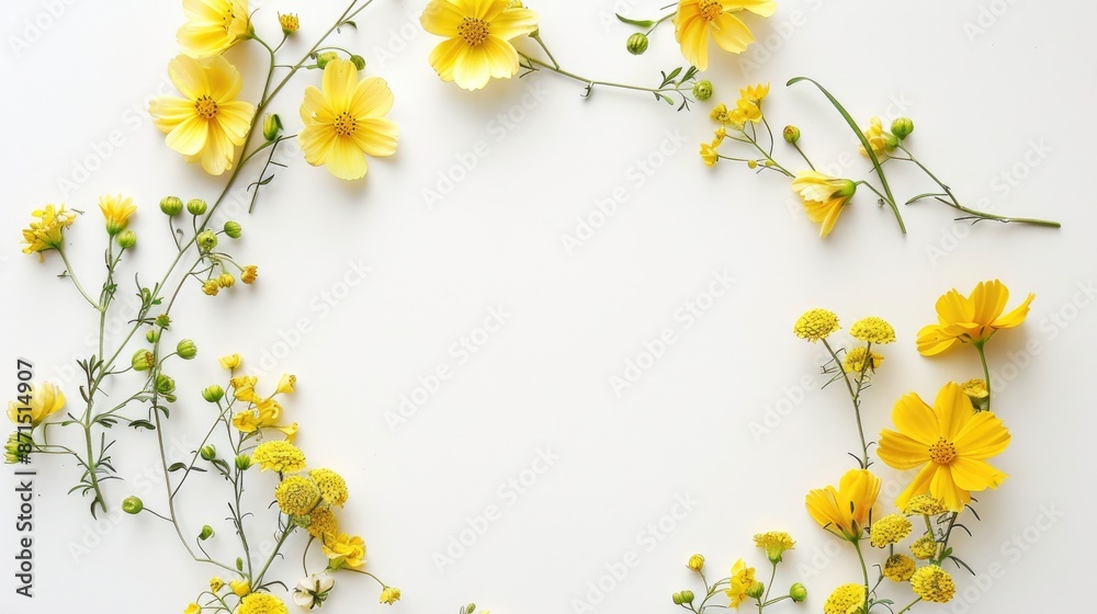 Wreath of assorted yellow flowers on white background Spring and summer symbol with room for text Overhead view Wreath of assorted yellow flowers on white background Spring and summer symbol with room for text Overhead view