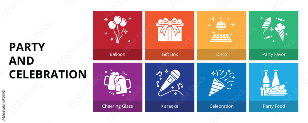 Party and Celebration Glyph Solid Banner Web Icon Set Vector Illustration, Balloon Gift Box Disco Party Favor Cheering Glass Karaoke Celebration  Party Food