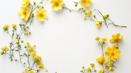 Wreath of assorted yellow flowers on white background Spring and summer symbol with room for text Overhead view