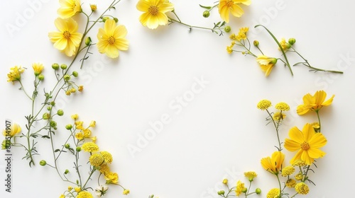 Wreath of assorted yellow flowers on white background Spring and summer symbol with room for text Overhead view