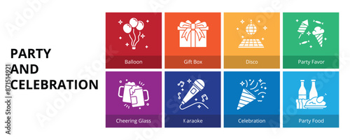 Party and Celebration Glyph Solid Banner Web Icon Set Vector Illustration, Balloon Gift Box Disco Party Favor Cheering Glass Karaoke Celebration  Party Food