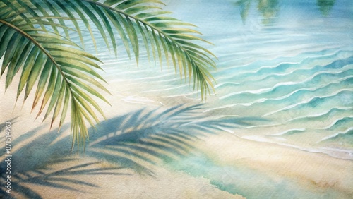 Serene tropical scene featuring intricate palm leaf shadows on rippling water and pristine white sand, evoking summertime tranquility. © DigitalArt Max