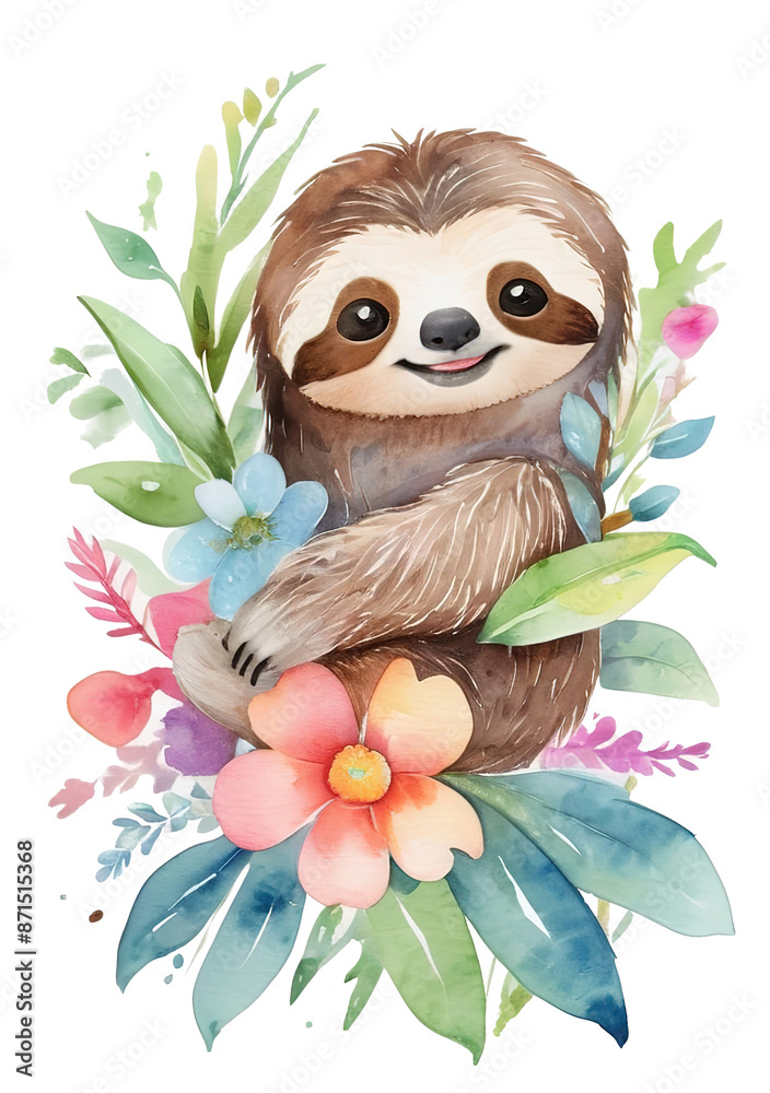 Obraz premium Cute cartoon happy little sloth with flowers. Illustration, isolated background, transparent