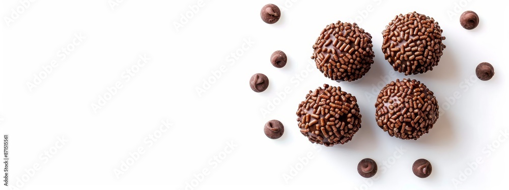 Three donuts, each topped with chocolate sprinkles, sit against a pristine white backdrop Scattered nearby are chocolate chips Three donuts, each topped with chocolate sprinkles, sit against a pristine white backdrop Scattered nearby are chocolate chips