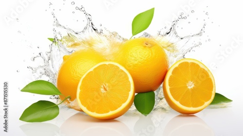 Vibrant orange juice splash with colorful fruit slices on a clean white backdrop.