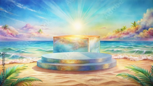 Vibrant sun-kissed beach podium on warm sandy shore with 3D sea display platform, perfect for summer product promotion and presentation. photo