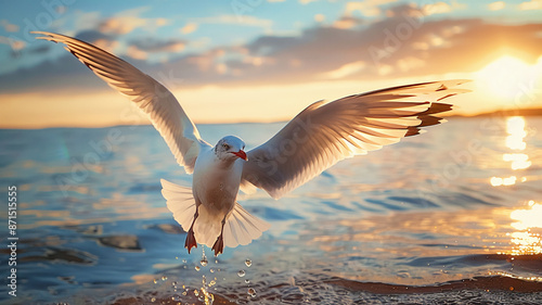 Seagull flying freely in the blue sky at sunset