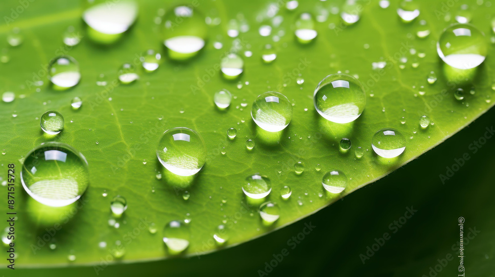 Mesmerizing closeup of fresh green leaves with water droplets glistening in sunlight, capturing natures beauty and tranquility.